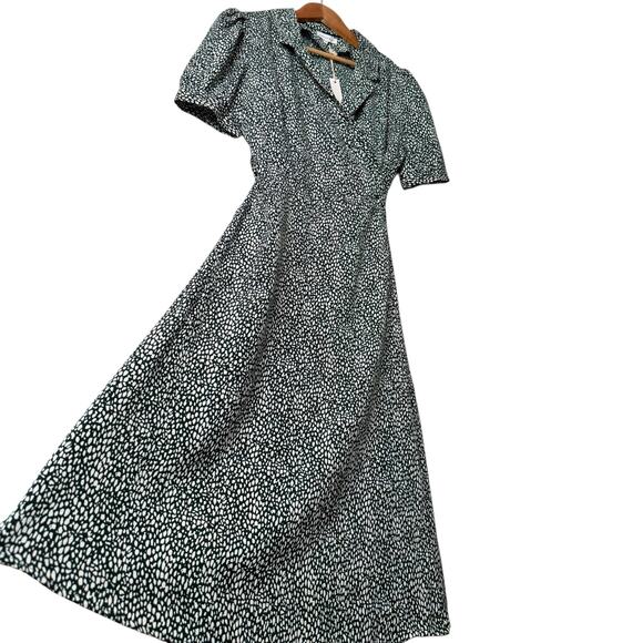 NWT Crescent Collared Wrap Midi Dress Short‎ Puff Sleeves in Green White, Medium - Picture 5 of 13